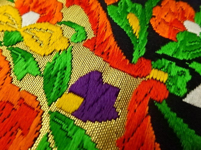 6845221: JAPANESE KIMONO / VINTAGE FUKURO OBI / WOVEN FLOWER CREST